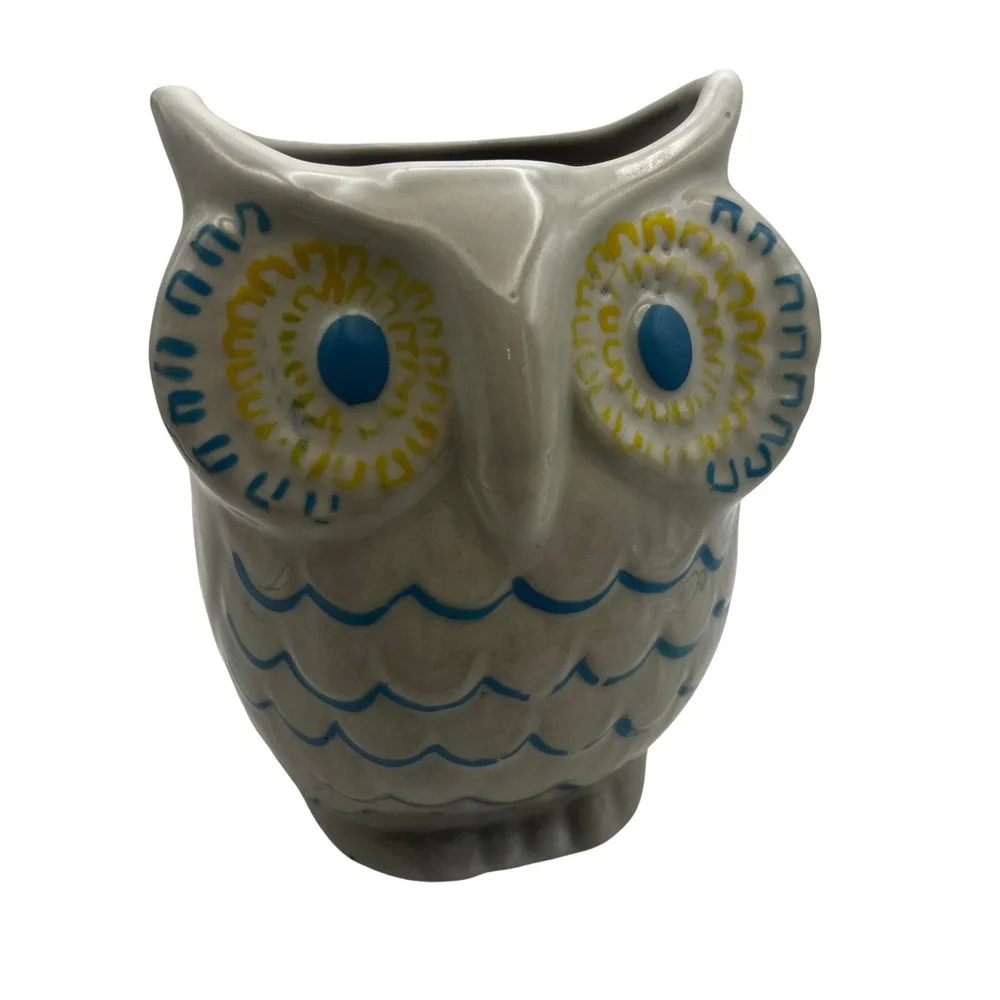Vintage Ceramic Owl Vase Brush Holder, Vanity Organizer